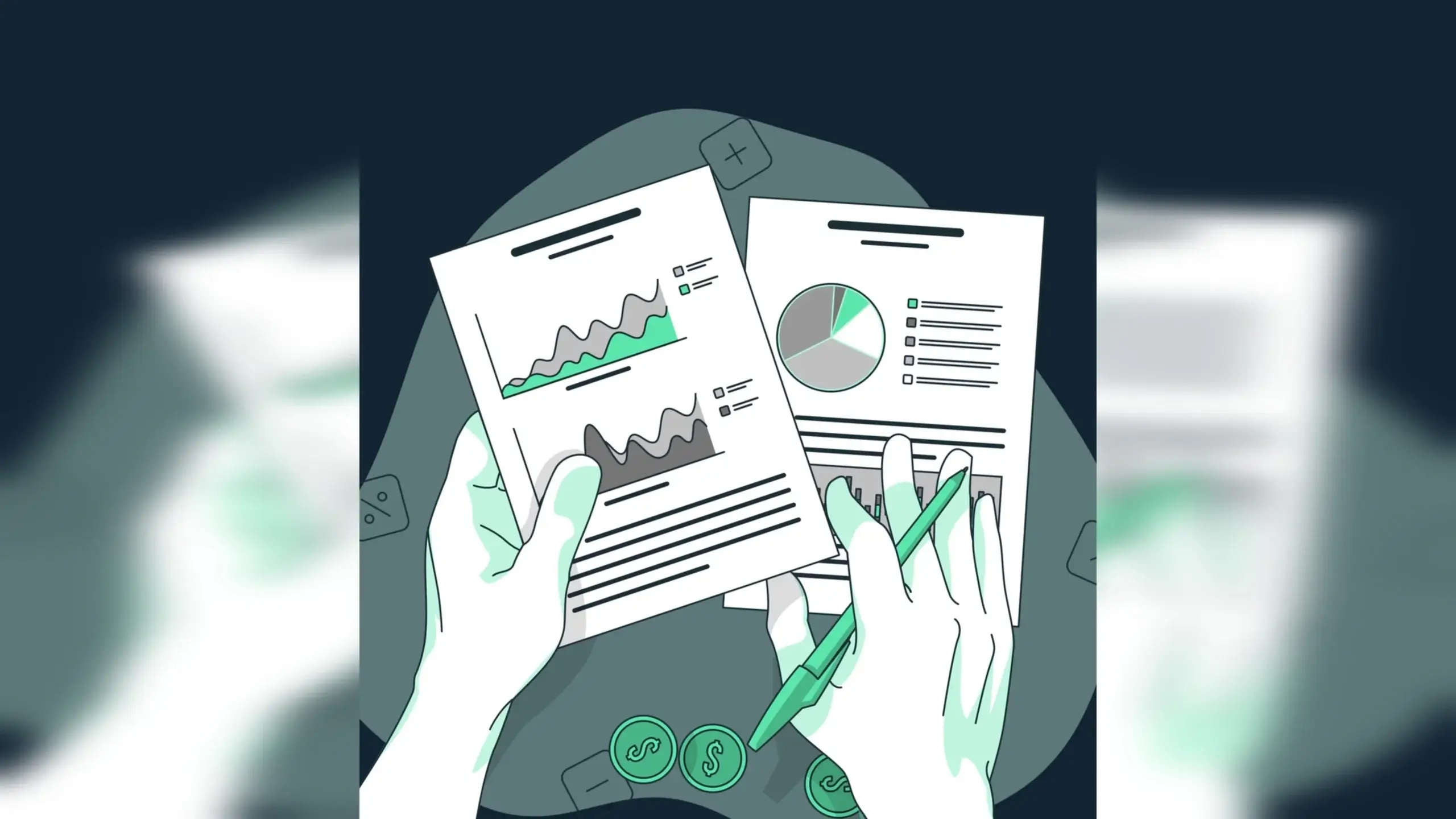 Illustreret animation af hænder, der analyserer grafer og økonomiske rapporter – udviklet til Pantsat.dk.